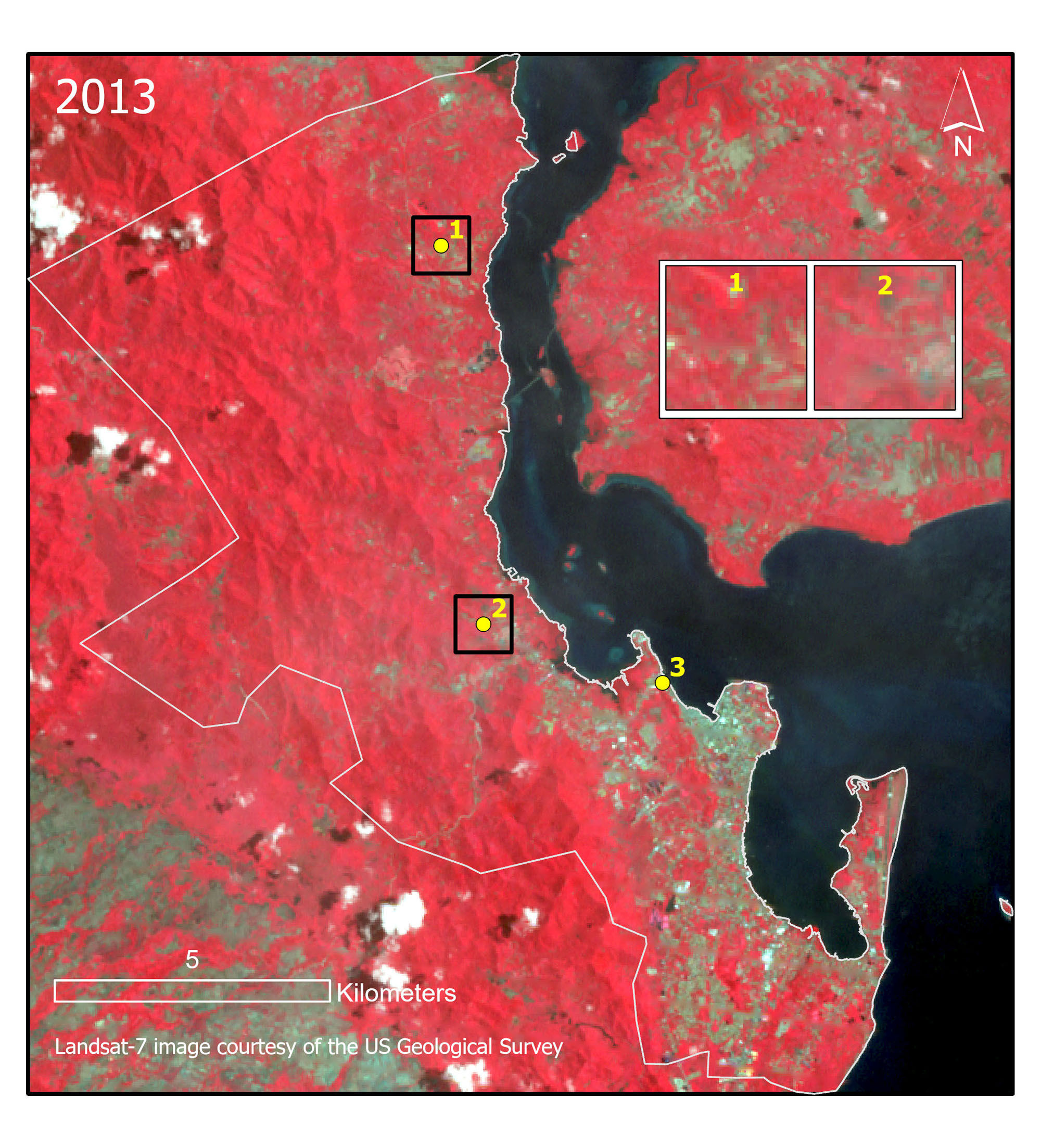 False color composite map (band combination: near infrared, red, green) of Tacloban in 2013.
