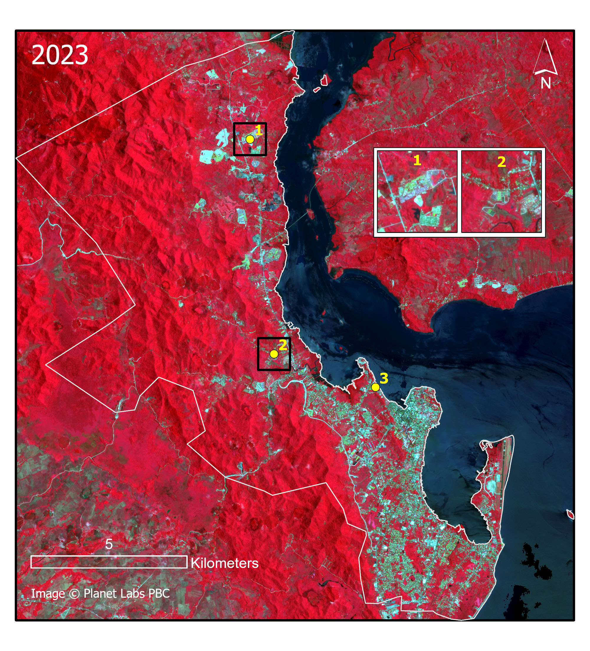 False color composite map (band combination: near infrared, red, green) of Tacloban in 2023.