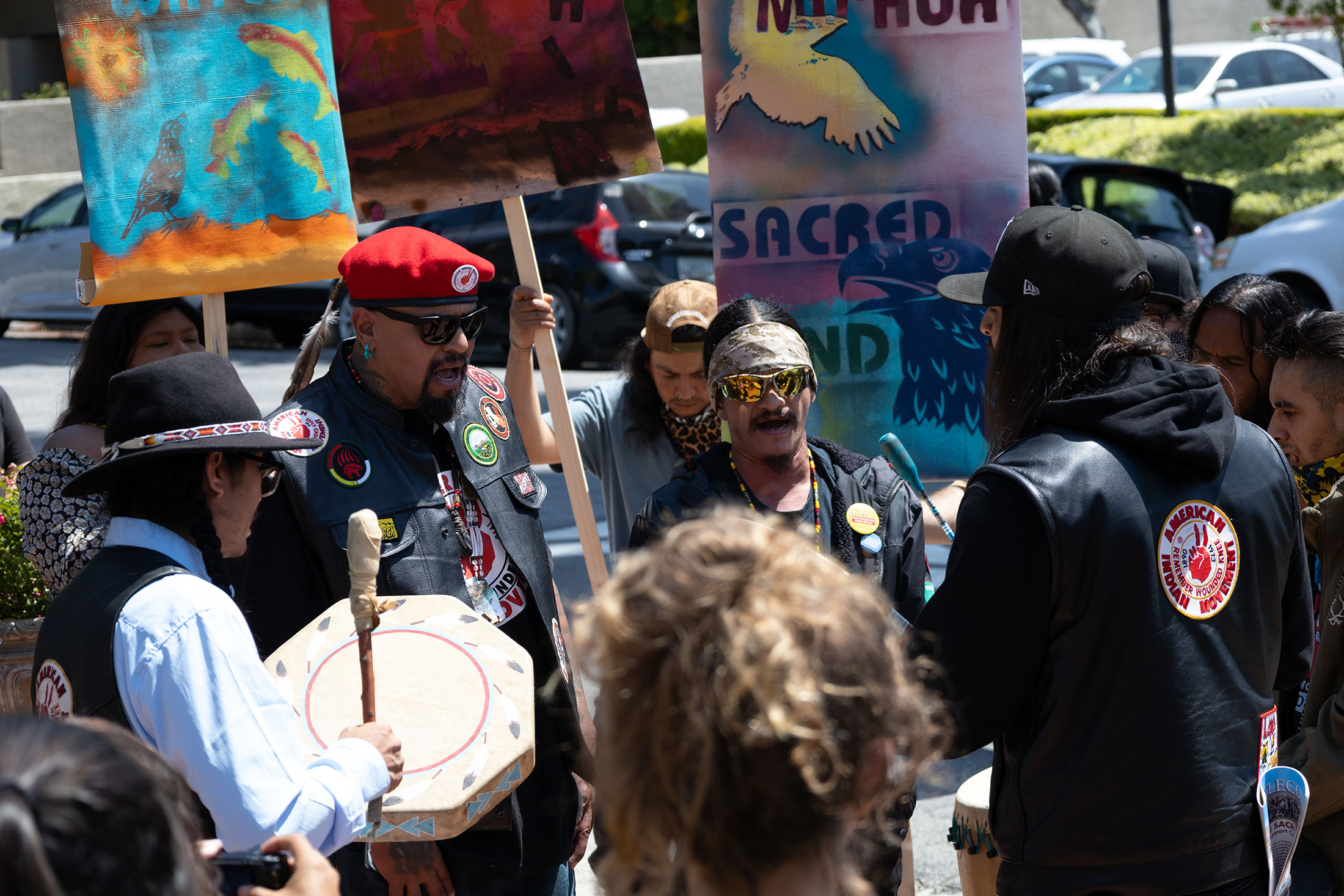 Tribal community members pray with song and drums as their case is heard in the 9th Circuit Court of Appeals in Pasadena, CA, in June 2023. Photo by Juan Rubio.