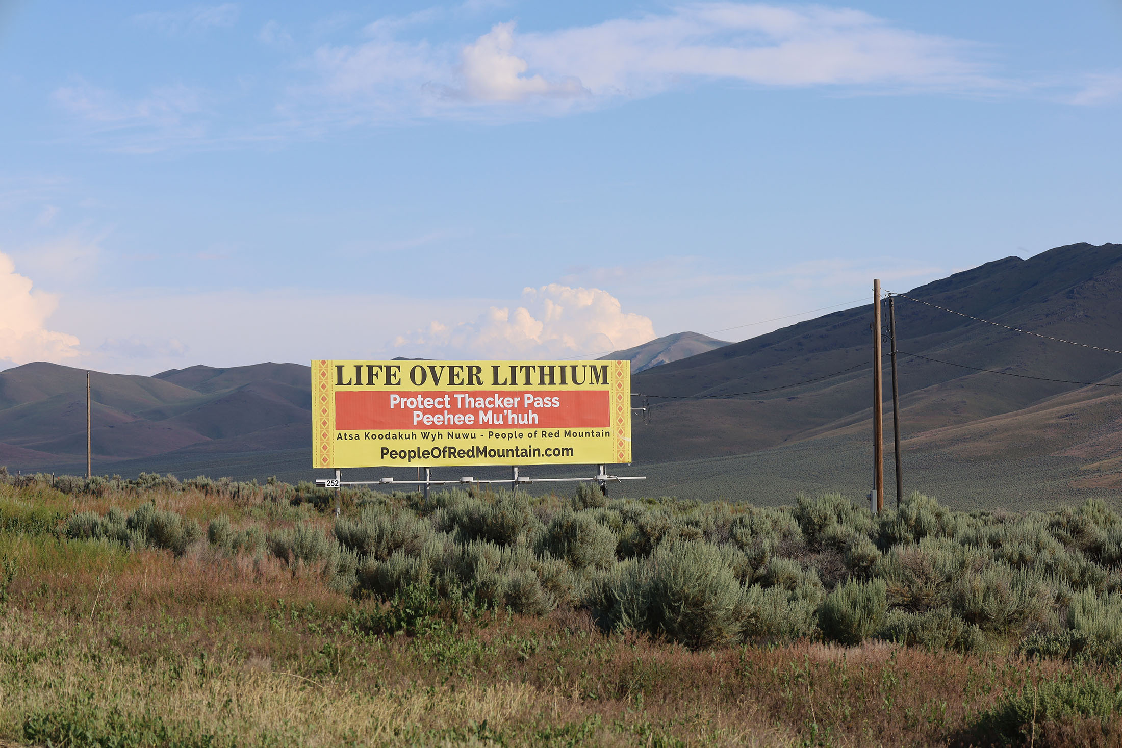 Billboard by People of Red Mountain proclaiming “Life Over Lithium.” Taken south of Orovada in June 2023. Photo by Alex Norbrook.