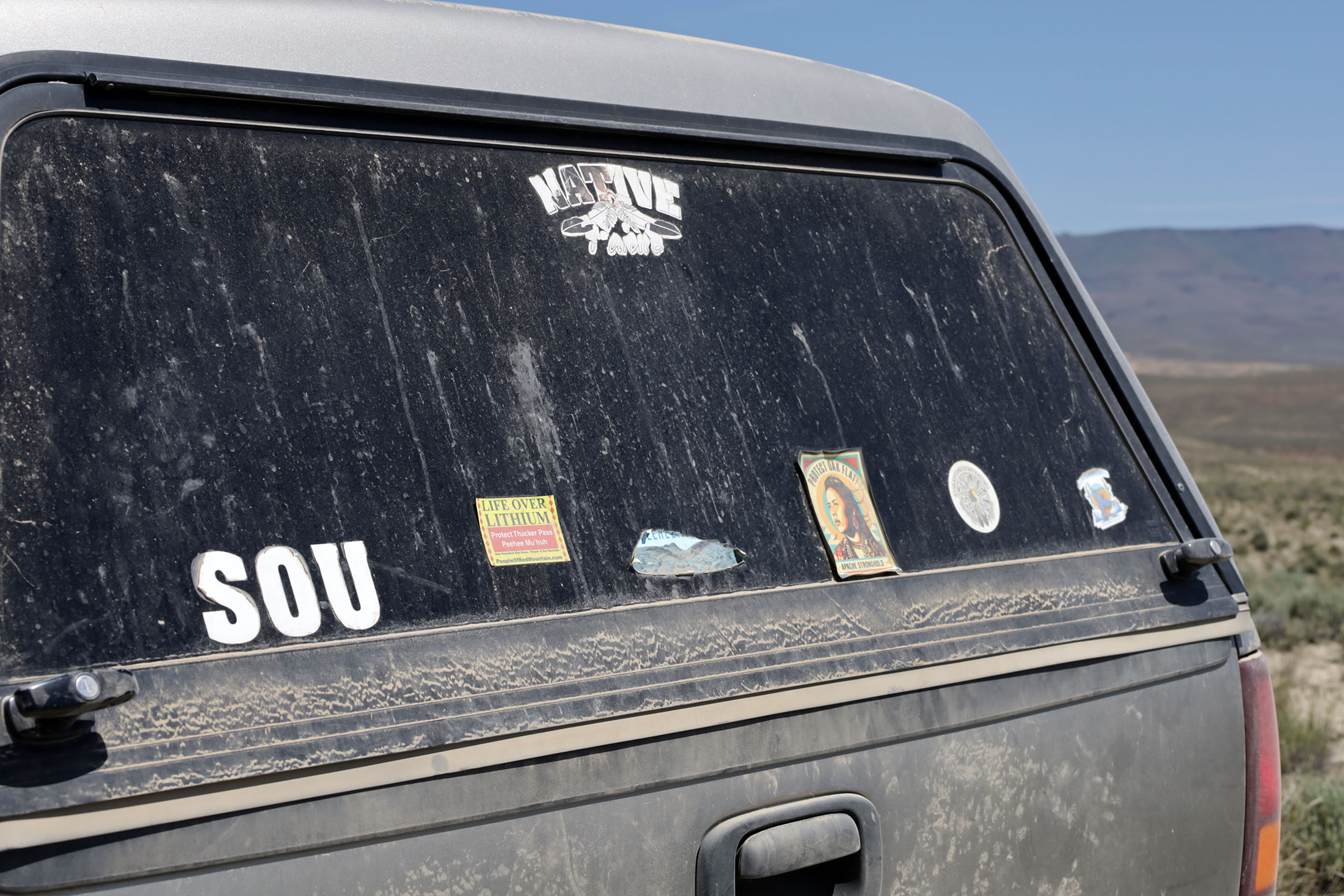 The rear window of Day’s Chevrolet truck. Photo taken in the McDermitt Caldera by Nate Otjen.