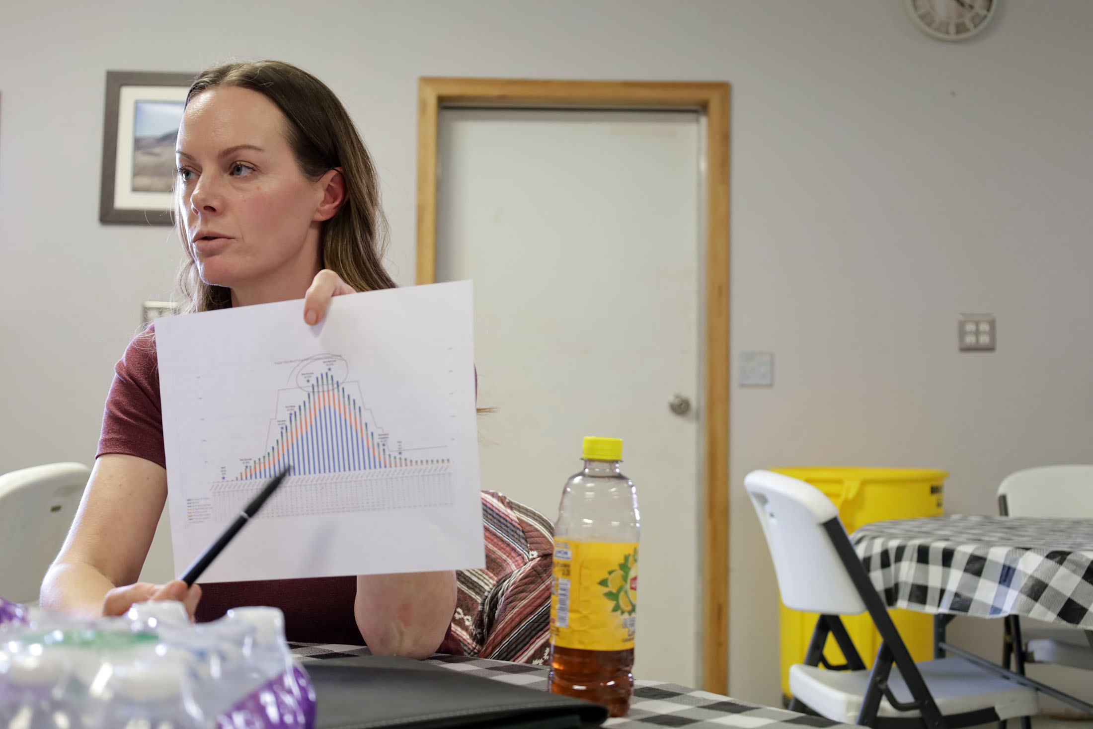 In the Orovada Community Center, Susan shows the team a graph of the projected workforce for the Thacker Pass Lithium Mine. Photo taken in June 2024 by Jose Santacruz.